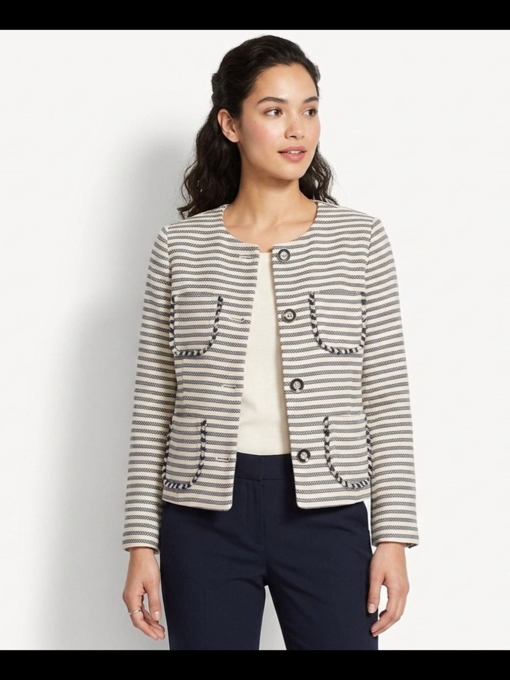 Tommy Hilfiger Cream and Navy Striped Knit Blazer Size 2. Read Description!